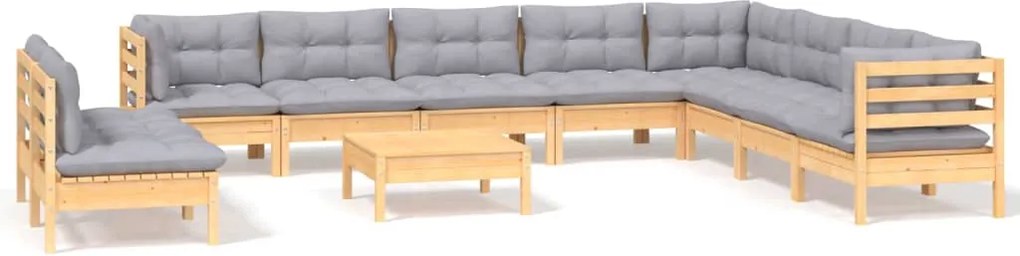 vidaXL Set mobilier de grădină cu perne, 11 piese, gri, lemn masiv pin