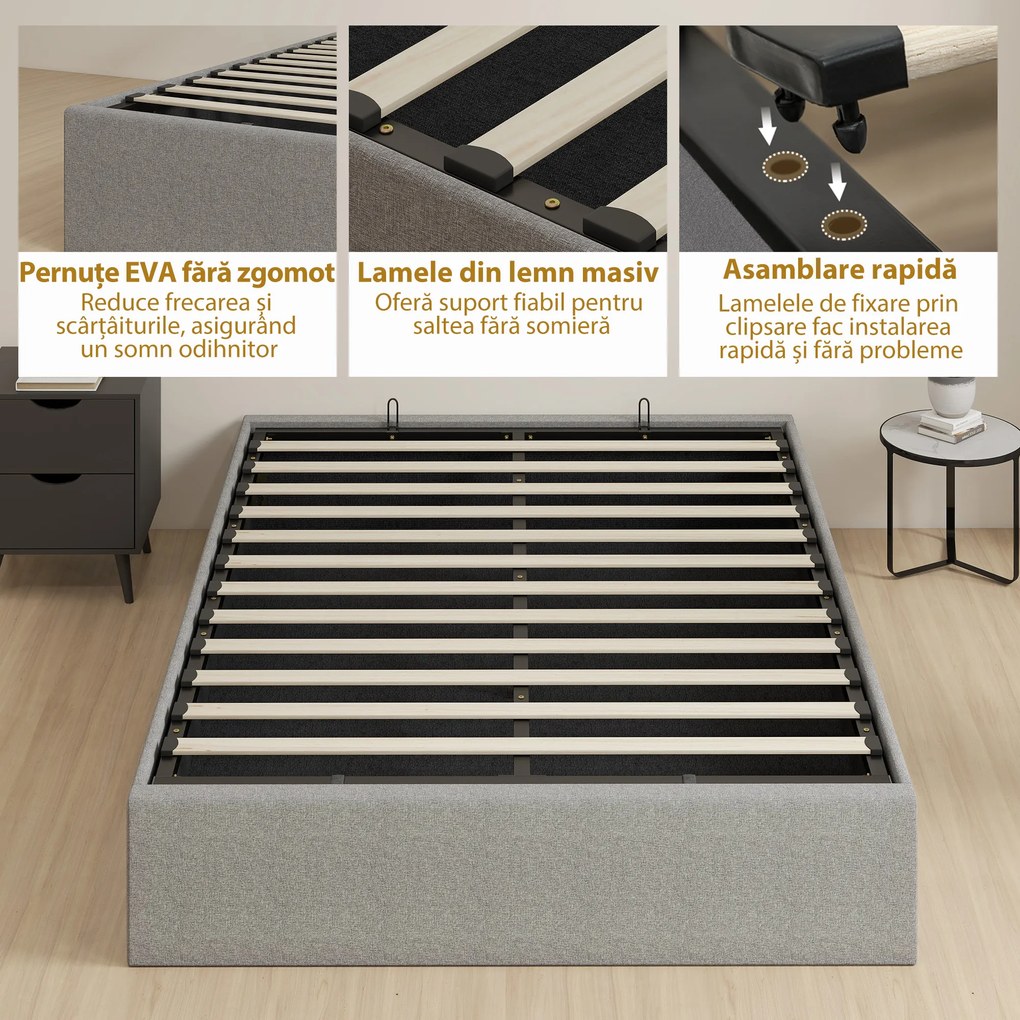 HOMCOM Cadru Pat Matrimonial 140x190 cm, Pat cu Spațiu de Depozitare, Pistoane cu Gaz, Lamele din Lemn, Fără Saltea, Silențios, Ușor de Montat, Înălțime 28 cm, Gri | Aosom Romania