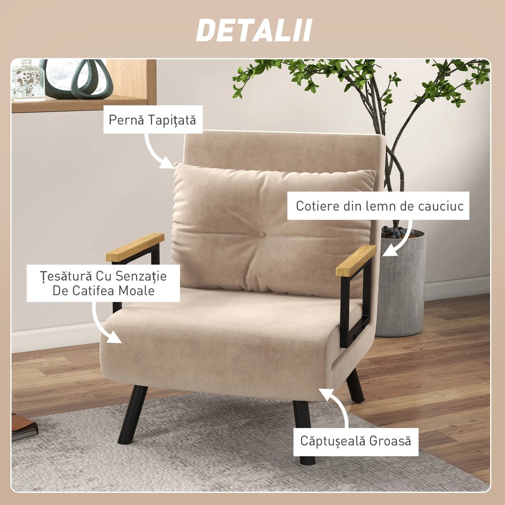 HOMCOM Canapea Extensibilă cu Spătar Reglabil pe 5 Nivele, Canapea Pat Individuală Pliabilă cu Perne, 63x73x81 cm, Negru | Aosom Romania