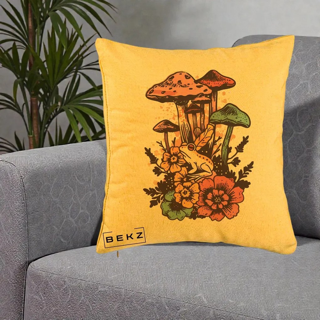 Perna Decorativa Ciuperci si Broaste Boho, 40x40 cm, Galben, Husa Detasabila, Perna Inclusa, BEKZ®