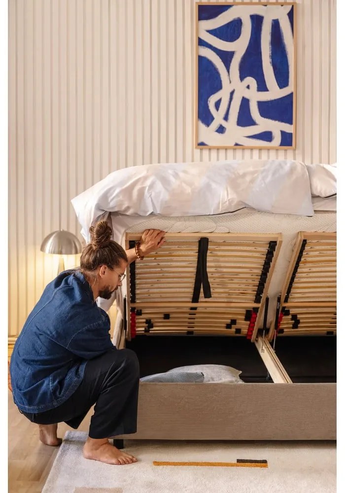 Pat dublu tapițat taupe cu spațiu de depozitare cu saltea / grătar 160x200 cm Myra Pillow - Bonami Selection