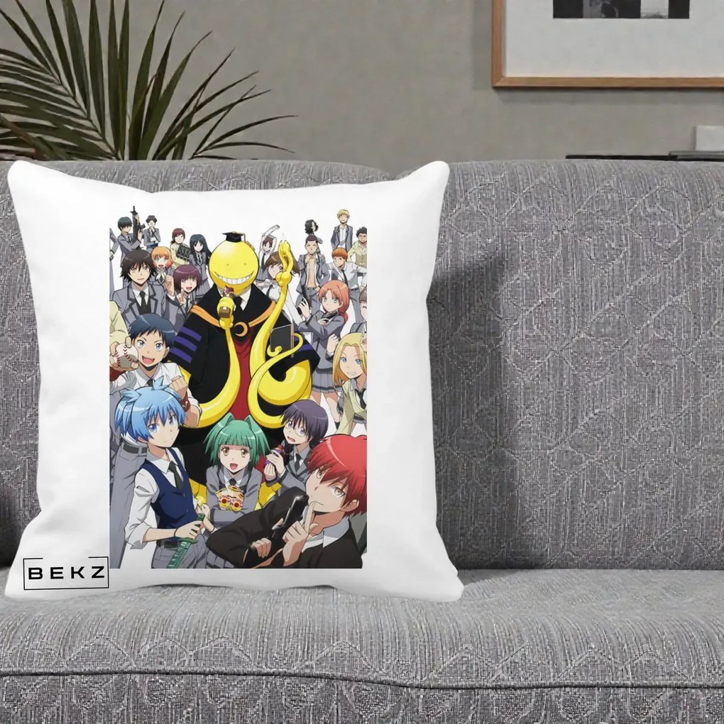 Perna Personalizata Assassination Classroom Grup Complet Anime, 40x40 cm, Alba Mata, Husa Detasabila, Perna Inclusa, BEKZ®