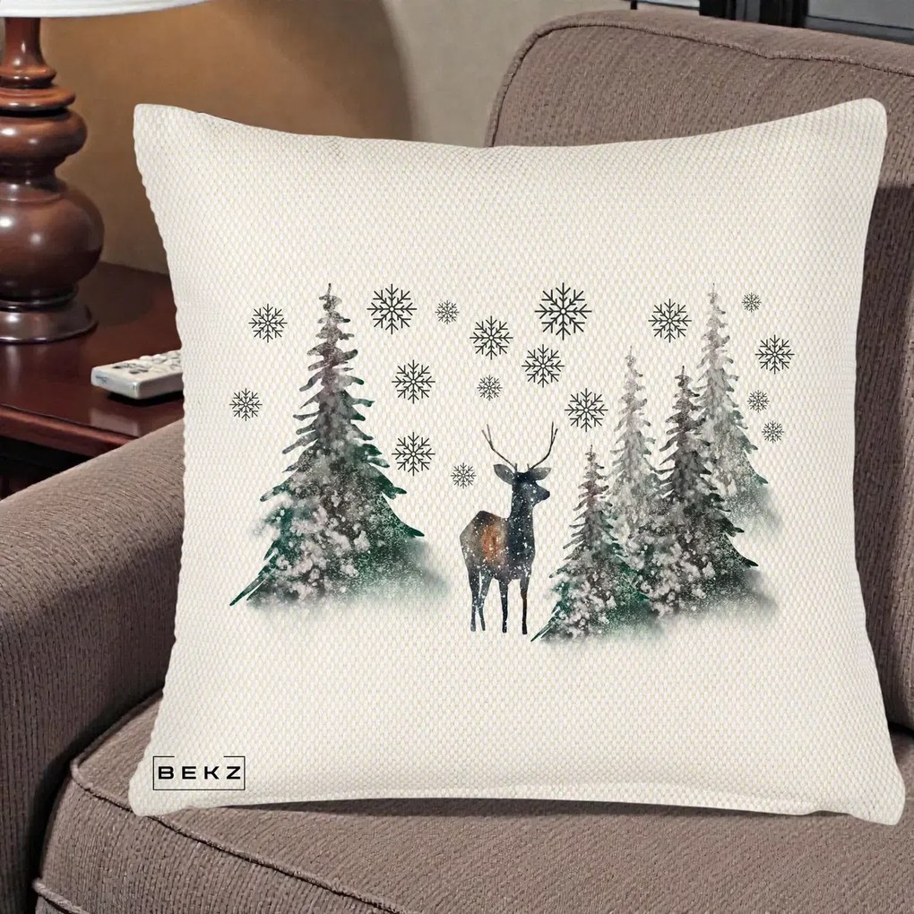 Perna Decorativa Ren in Padure Inzapezita, 40x40 cm, Crem Reliefat, Husa Detasabila, Perna Inclusa, BEKZ®