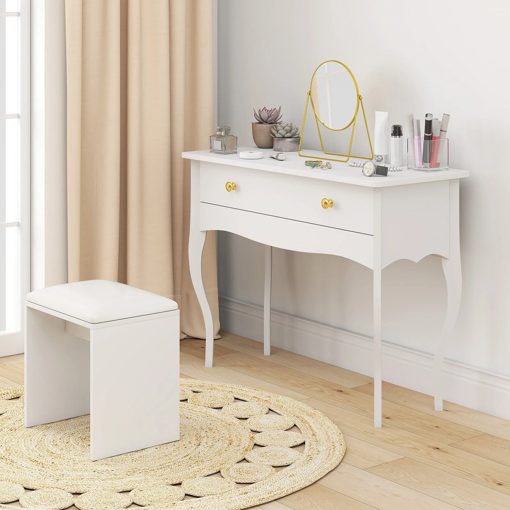 HOMCOM Masă de Toaletă Elegantă cu Sertar Spațios din Lemn Alb 100x40x74 cm | Aosom Romania
