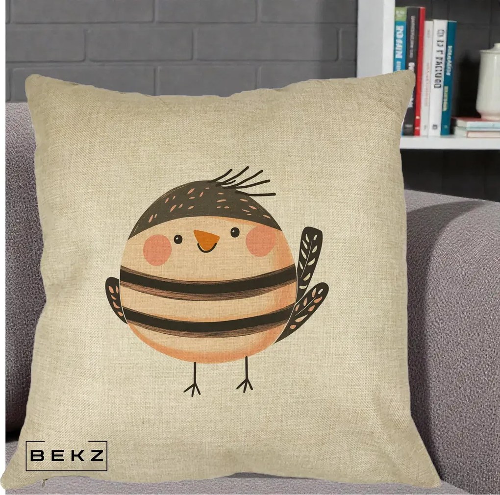 Perna Decorativa Pui Kawaii Bej-Negru Dungat, 40x40 cm, Crem, Husa Detasabila, Perna Inclusa, BEKZ®
