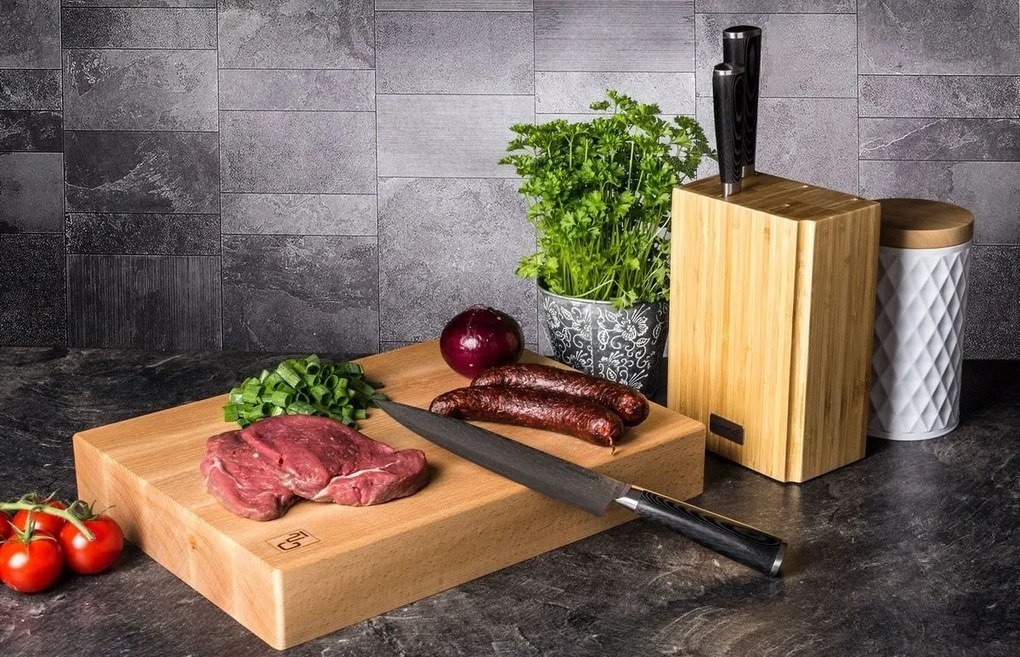 Set de cuțite G21 Damascus Premium în bloc de bambus, 3 bucăți + piatră de ascuțit