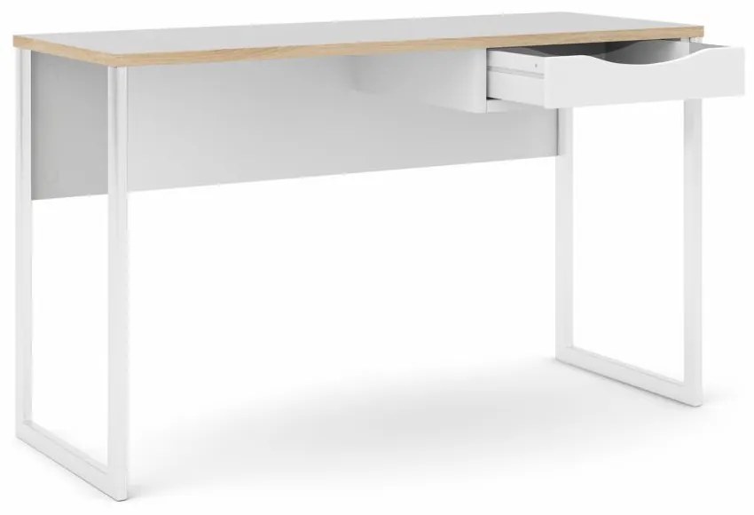 Birou alb EFREM PLUS 512 cu 1 sertar si blat cu decor stejar