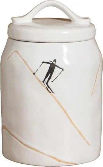 Borcan din ceramică albă cu motive de iarnă pictate manual, 19,5 × 12 cm, „Slalom"