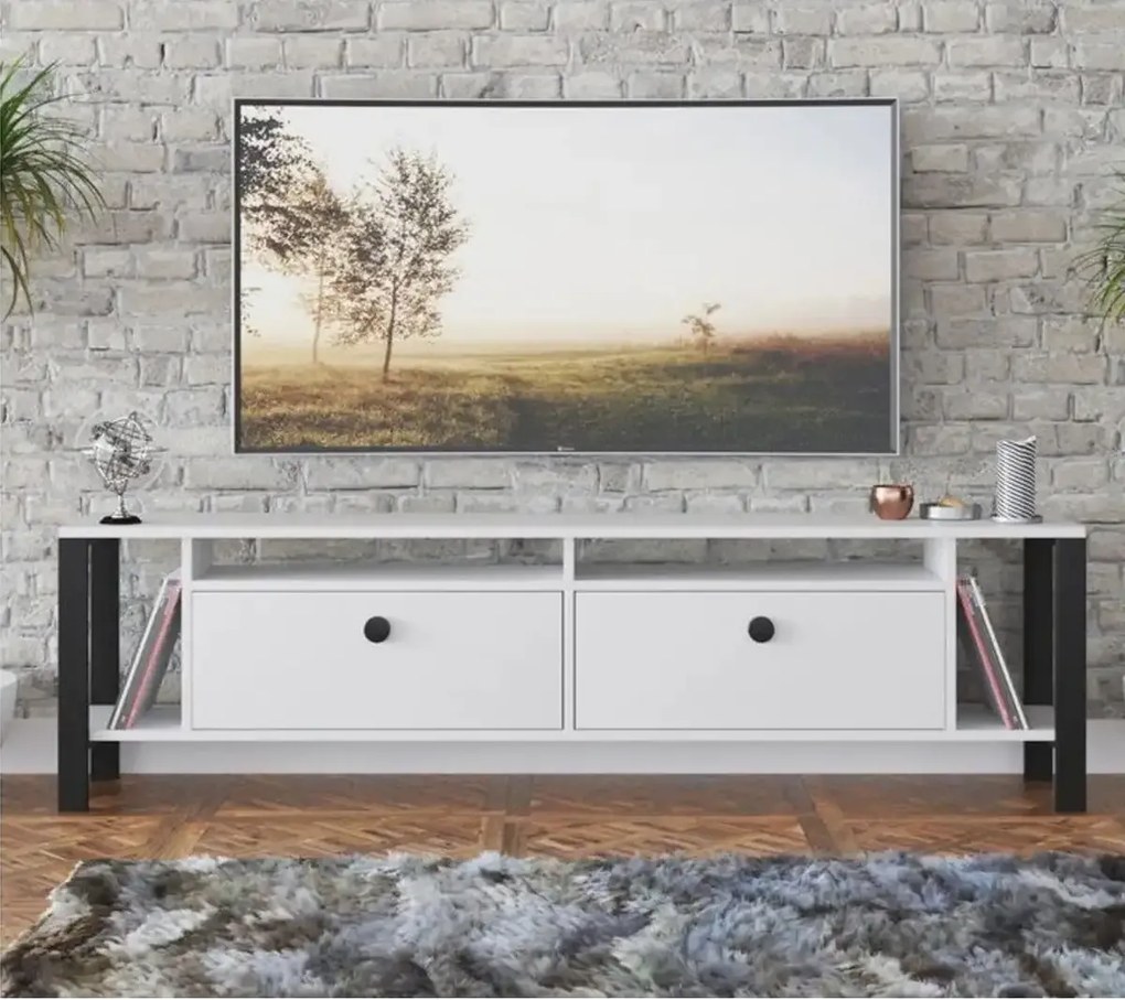 Comoda tv cu picioare metal Homs 150 cm, alb-negru,30402