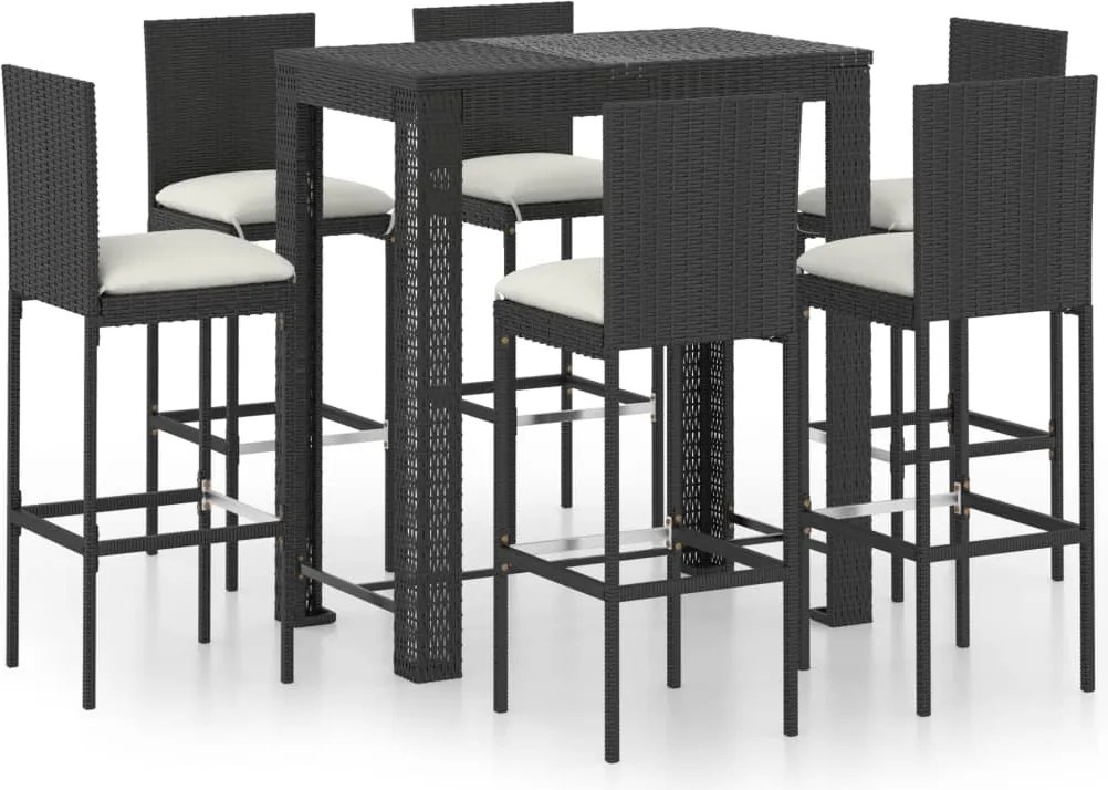 vidaXL Set mobilier bar de exterior cu perne, 7 piese, negru poliratan