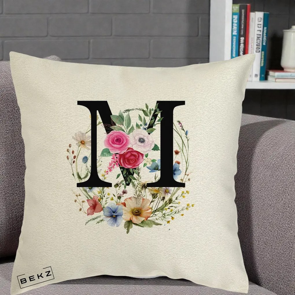 Cadou Personalizat - Perna Personalizata Monogram Litera M cu Flori Acuarela, 40x40 cm, Ecru, Husa Detasabila, Perna Inclusa, BEKZ®