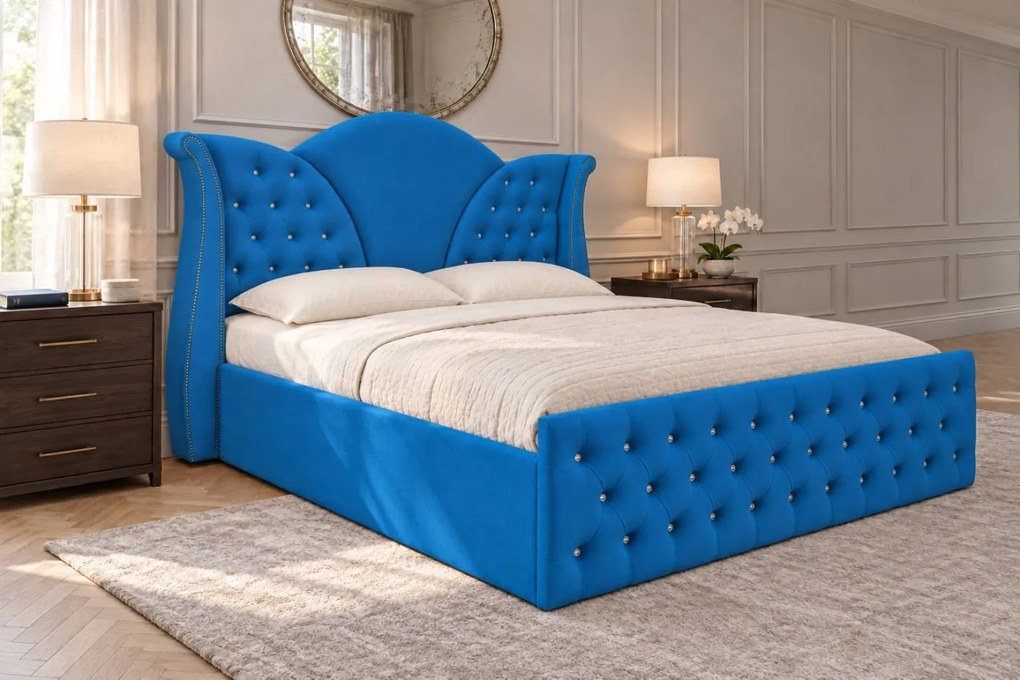 Pat tapițat Chesterfield din catifea Velora Cristal 180×200 cm, albastru, cu ladă de depozitare