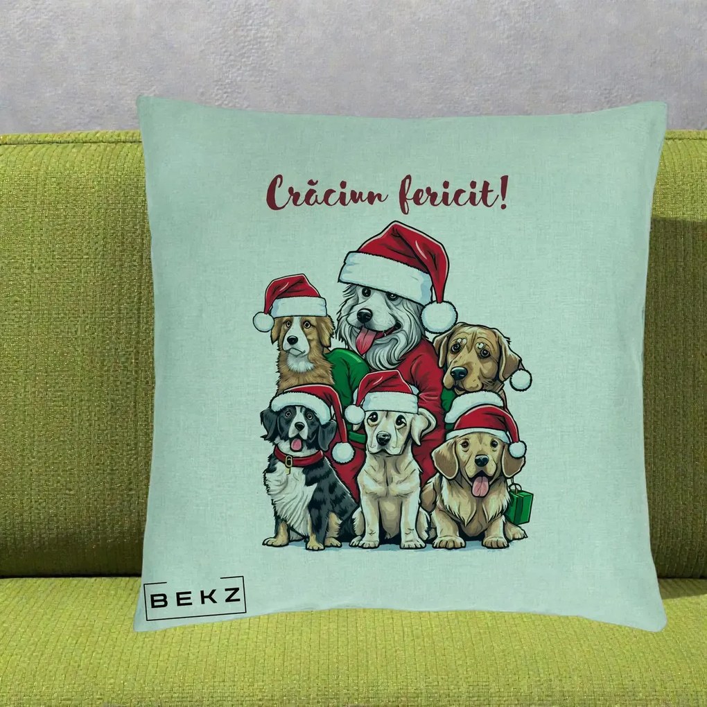 Perna Decorativa Caini cu Bonete Craciun Fericit, 40x40 cm, Verde Menta, Husa Detasabila, Perna Inclusa, BEKZ®