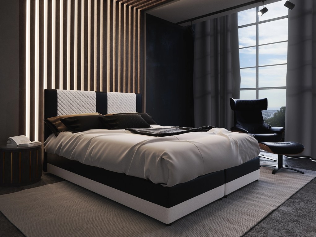 Pat matrimonial Boxspring 140 cm Pecos Comfort (Piele ecologică + Alb + Negru) (cu saltea și sp. depozitare). 1056264