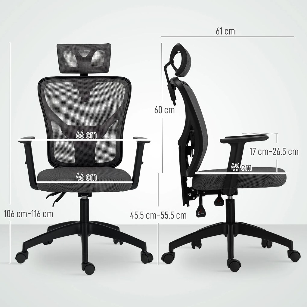 Vinsetto Scaun de Birou cu Inaltime Reglabila, 66x61x106-116cm, Gri Închis | Aosom Romania