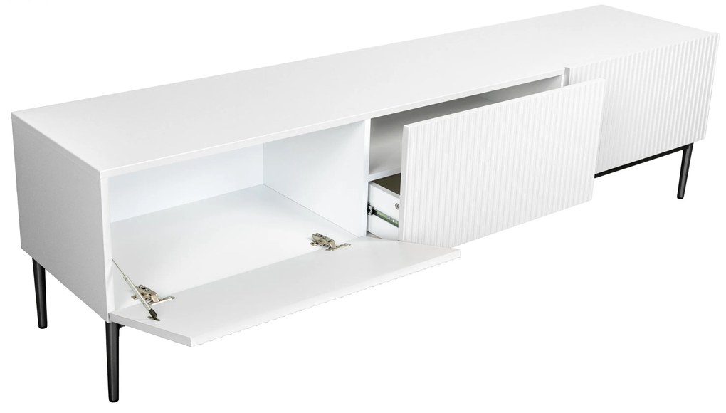 Comodă TV Nicole 200 cm cu picioare metalice și sertar - alb mat / picioare negre