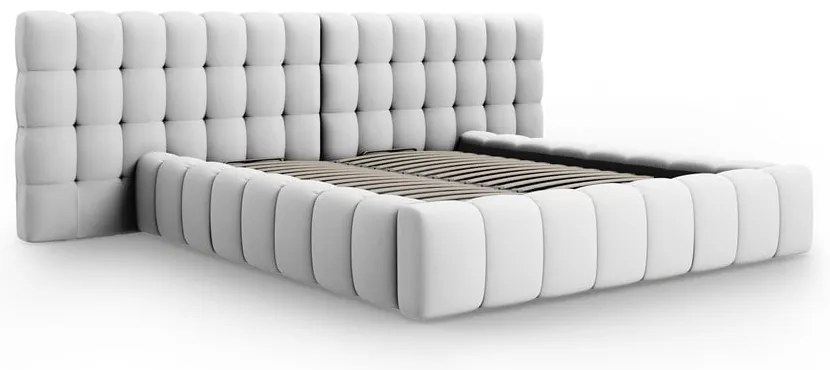 Pat matrimonial gri deschis tapițat cu spațiu de depozitare cu somieră 180x200 cm Mamaia – Micadoni Home