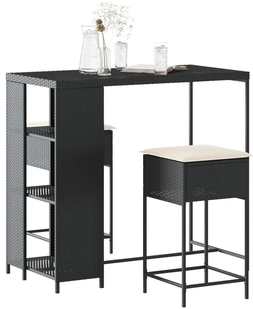 vidaXL Set mobilier bar de grădină cu perne, 3 piese, negru, poliratan