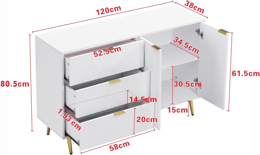 Bufet cu uși și rafturi interioare, sertare, mânere și picioare aurii, 120x38x80,5 cm, Alb