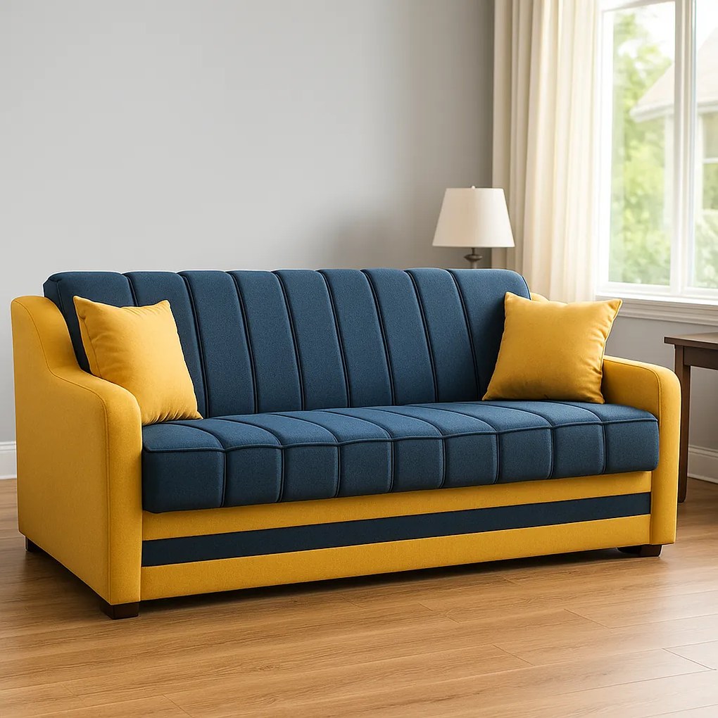 Canapea ALEX extensibila, 3 locuri, cu lada de depozitare, stofa galben cu albastru, 220x90x90 - Copie Albastru + Galben