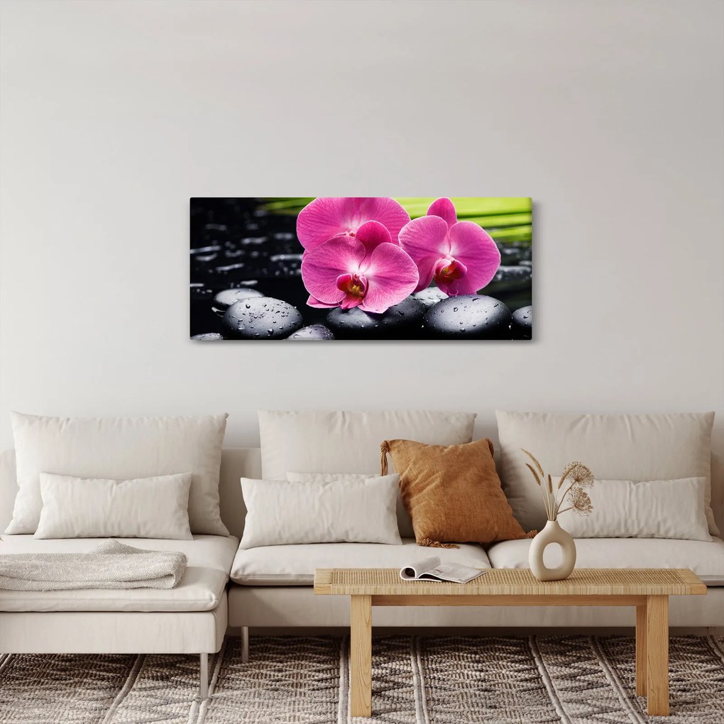 Tablou - Orhidee roz cu frunze de palmier (120x50 cm)