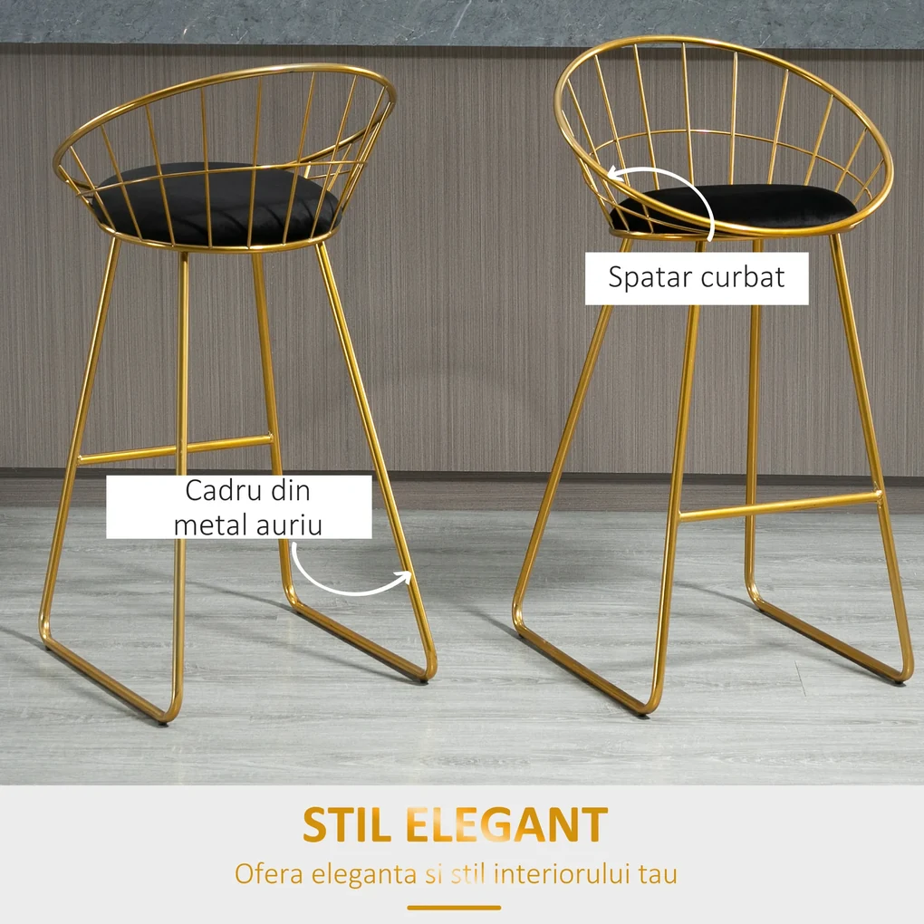 HOMCOM Set 2 Scaune Bar Înalte, Design Modern, Pernă Catifea, Poliester și Metal, Negru și Auriu, Confortabil | Aosom Romania