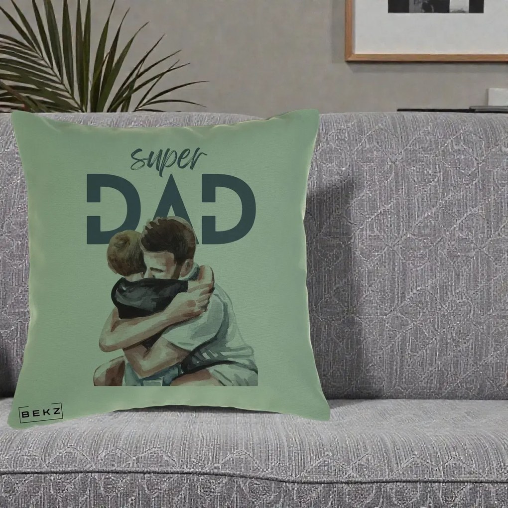 Cadou pentru Tata - Perna Personalizata Super Dad Tata si Fiu Imbratisare, 40x40 cm, Verde, Husa Detasabila, Perna Inclusa, BEKZ®
