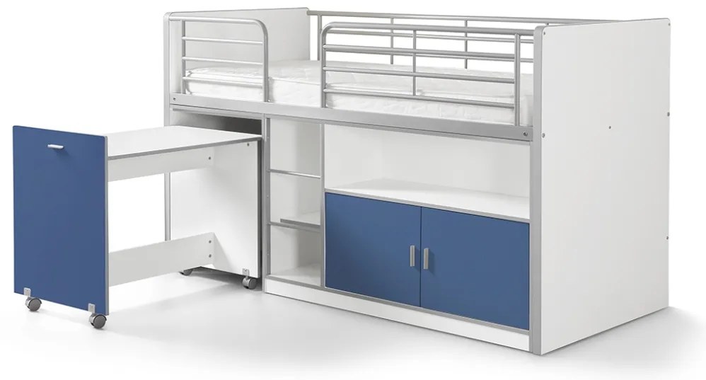 Pat Supraetajat cu Birou Extensibil și Spații de Depozitare, Albastru (Metal și PAL) – Bonny – Vipack