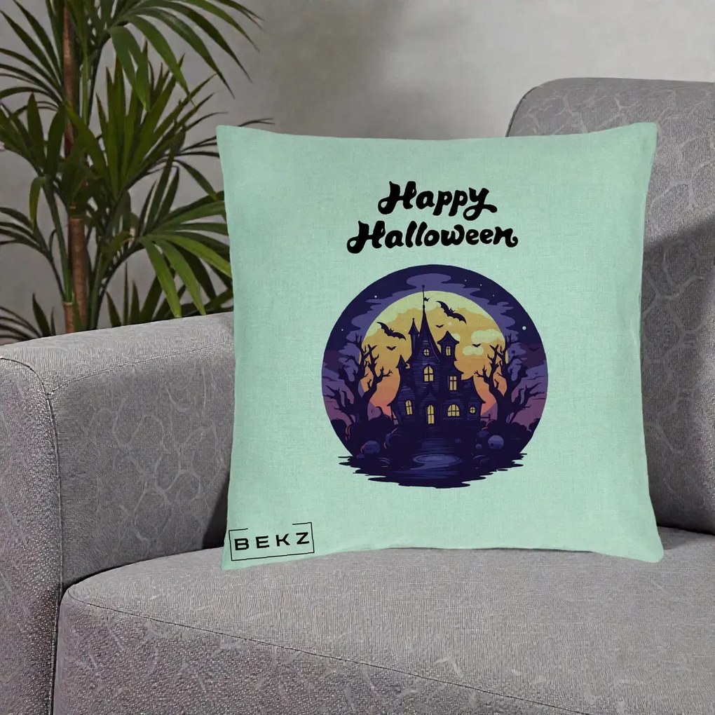 Perna Decorativa Happy Halloween Casa Bantuita Violet, 40x40 cm, Verde Menta, Husa Detasabila, Perna Inclusa, BEKZ®