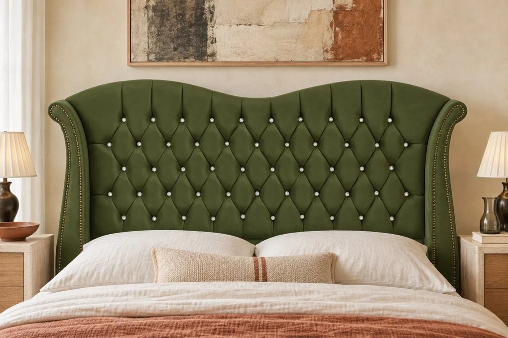 Pat tapițat Chesterfield Avella 180×200 cm, kaki, cu ladă de depozitare