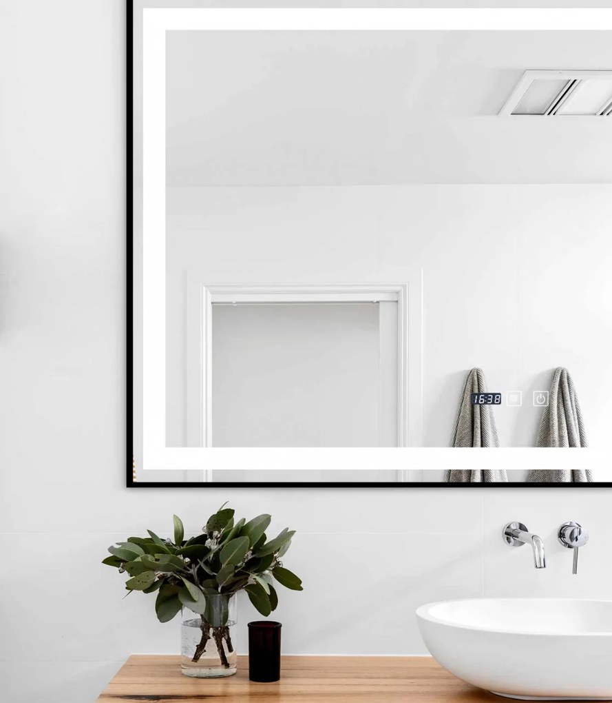 Oglindă Baie LED și Dezaburire Elit's Premium cu Senzor Touch, Lumina Rece, Caldă și Neutră, 120x80 cm, cu rama Negru Antichizat, Ceas