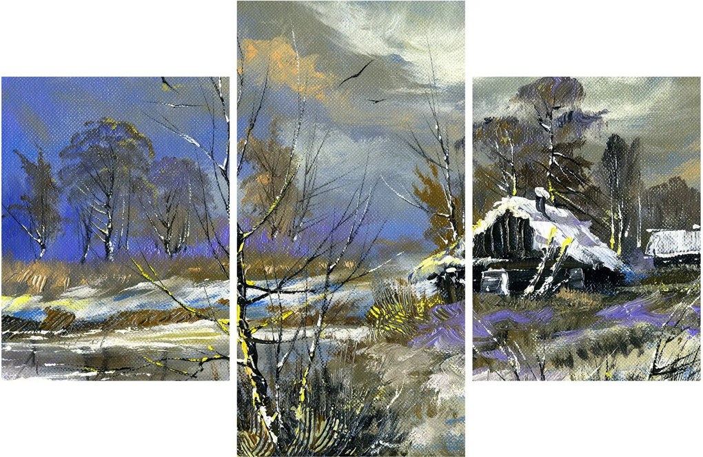 Tablou -Cabane într-un peisaj de iarnă, pictură în ulei (90x60 cm)