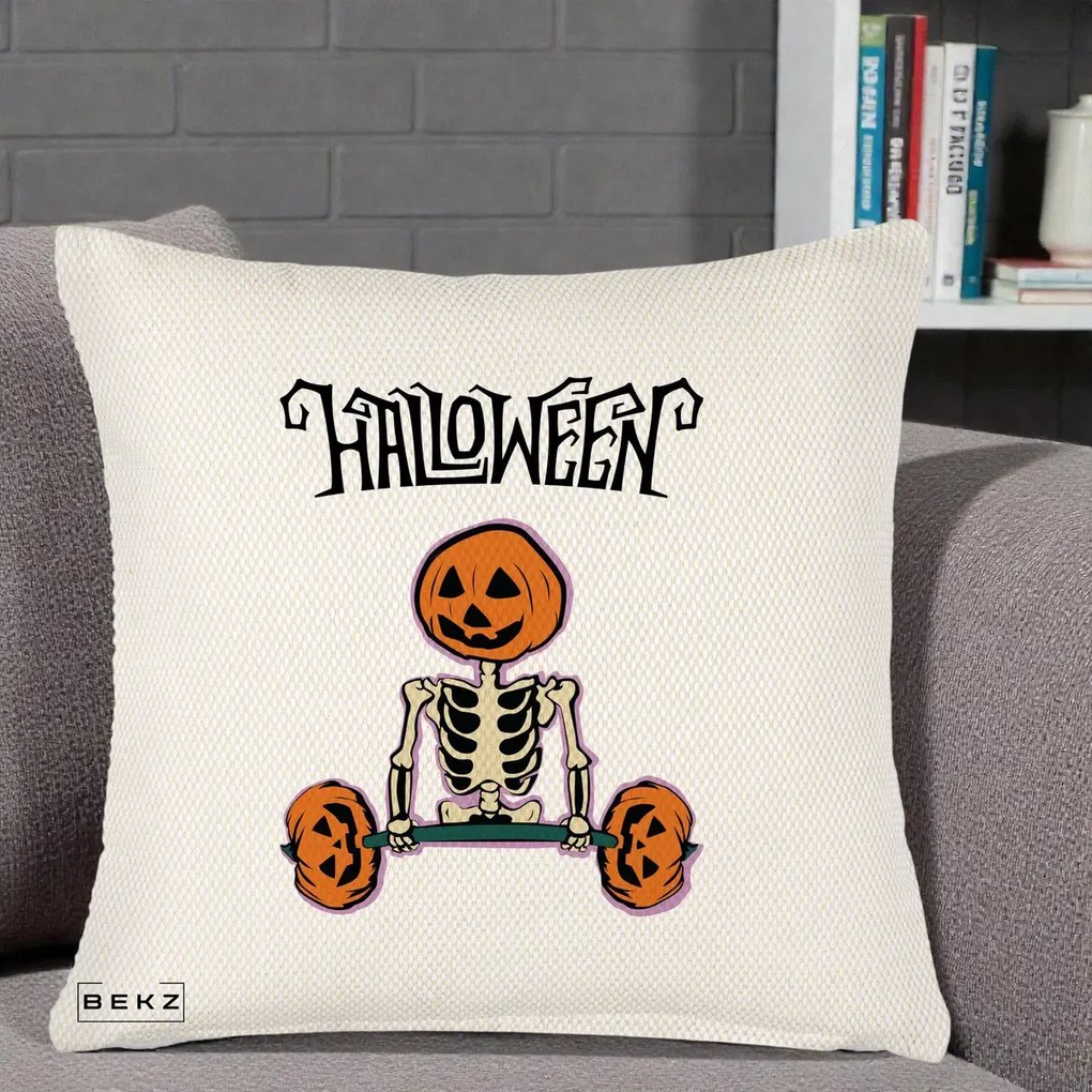 Perna Decorativa Halloween Schelet cu Cap de Dovleac Powerlifting, 40x40 cm, Crem Reliefat, Husa Detasabila, Perna Inclusa, BEKZ®