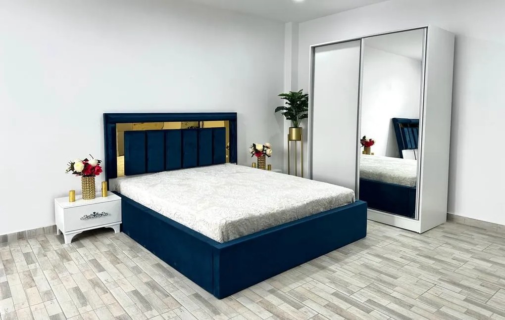 Dormitor Napoli, culoare albastru / alb, cu pat Napoli 160 x 200 cm, dressing Erika 150 cm, 2 noptiere Viena
