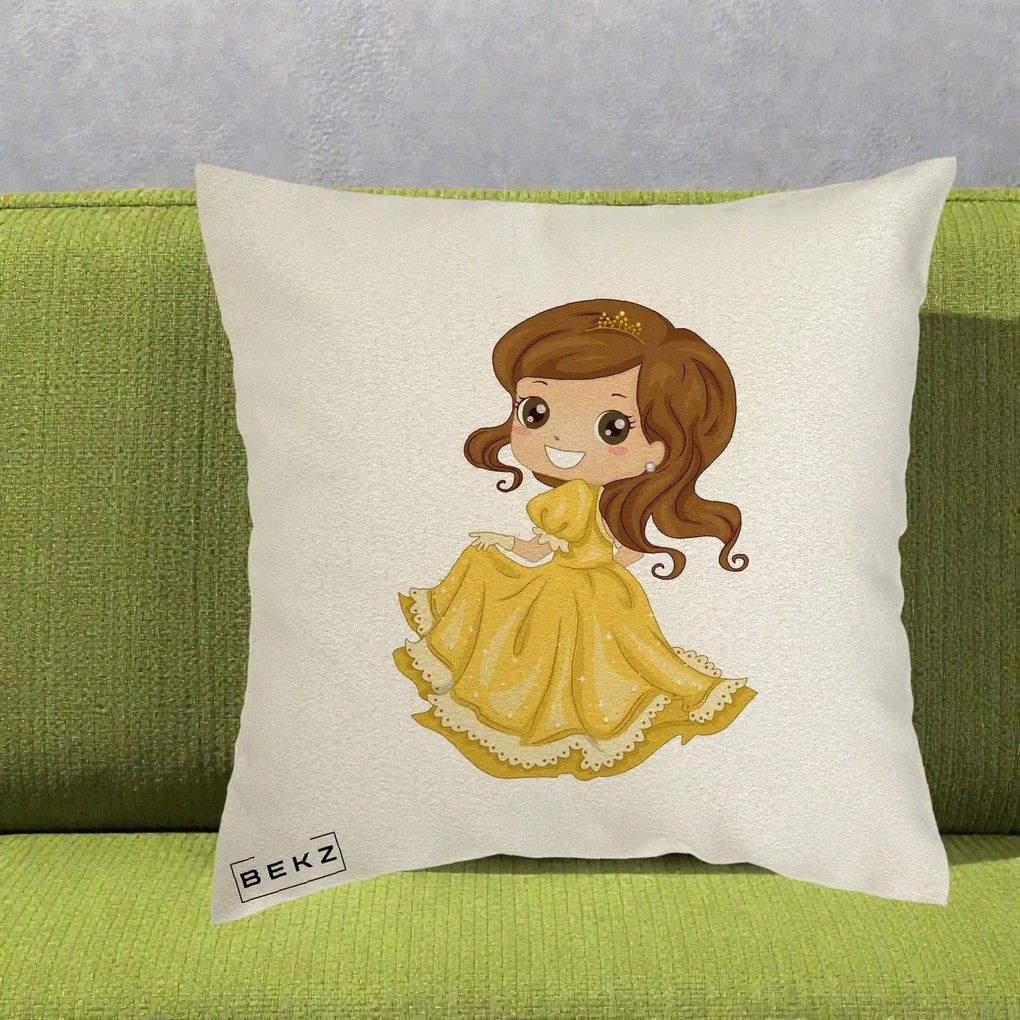 Perna Decorativa Printesa Bella Rochie Aurie, 40x40 cm, Ecru, Husa Detasabila, Perna Inclusa, BEKZ®