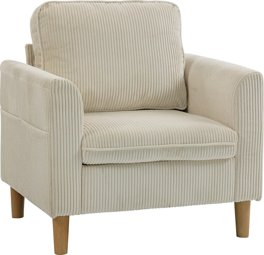 HOMCOM Fotoliu de living din catifea côtelată, fotoliu 1 loc tapițat cu șezut lat și pernă cu arcuri, 83x74x87cm, bej | Aosom Romania