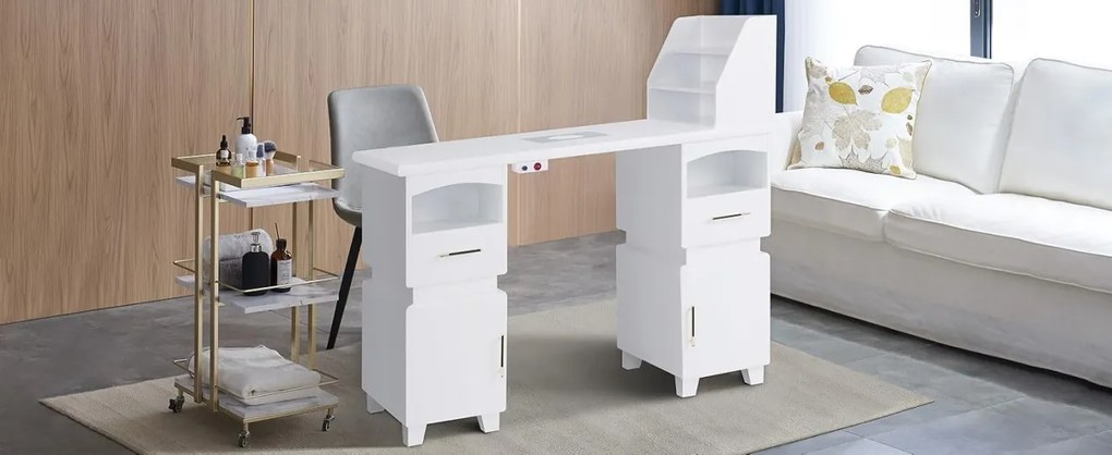 MANIA201 - Masuta manichiura, 120 cm, cu aspirator incorporat, masa cosmetica - Alba