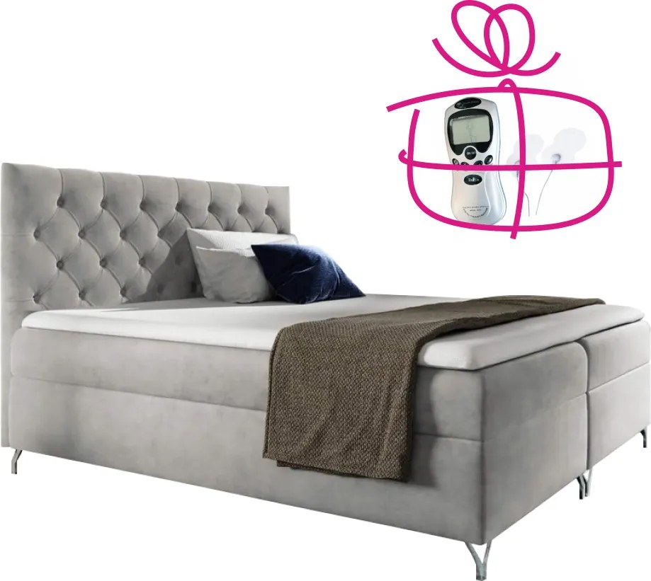 Pat cu boxspring, 140x200, ţesătură gri deschis Velvet, GULIETTE + cadou