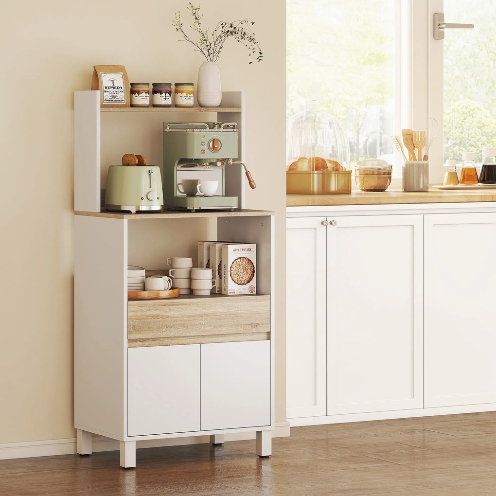 HOMCOM Dulap pentru Microunde din Lemn cu Raft, Blat Deschis, Sertar și Dulap, 60x40x131 cm, Alb | Aosom Romania