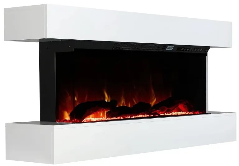 Șemineu electric, montare independentă, cadru MDF, sticla securizata, flacara LED cu efect realist, difuzor cu sunet de lemne trosnind, Alb