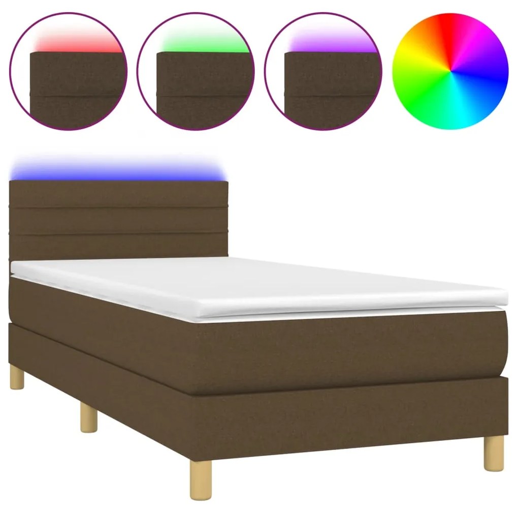 3133752 vidaXL Pat cu arcuri, saltea și LED, maro închis, 80x200 cm, textil