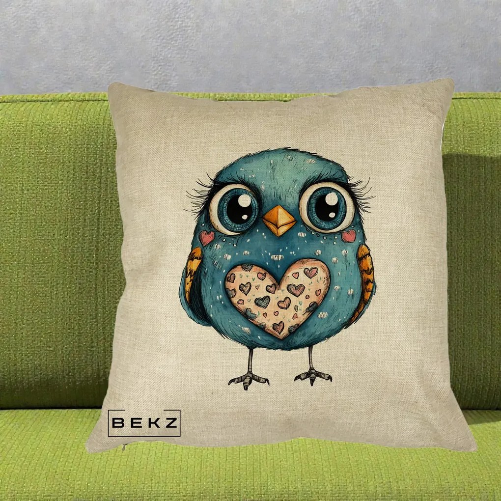 Perna Decorativa Bufnita Albastra cu Inimioare, 40x40 cm, Crem, Husa Detasabila, Perna Inclusa, BEKZ®