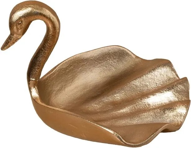 Bol decorativ din aluminiu, auriu, model lebădă cu aripi în valuri, finisaj lucios, 13 x 20 x 18 cm, „Cygne”
