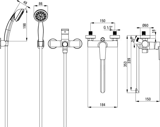Tubo Baterie de lavoar-cadă, montare pe perete, cu set de duș Finisaj: Crom BUT_057M
