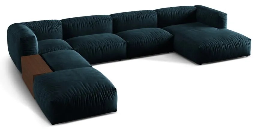 Colțar modular albastru închis cu tapițerie din catifea (cu colț pe partea stângă/în formă de "U") Martina – Micadoni