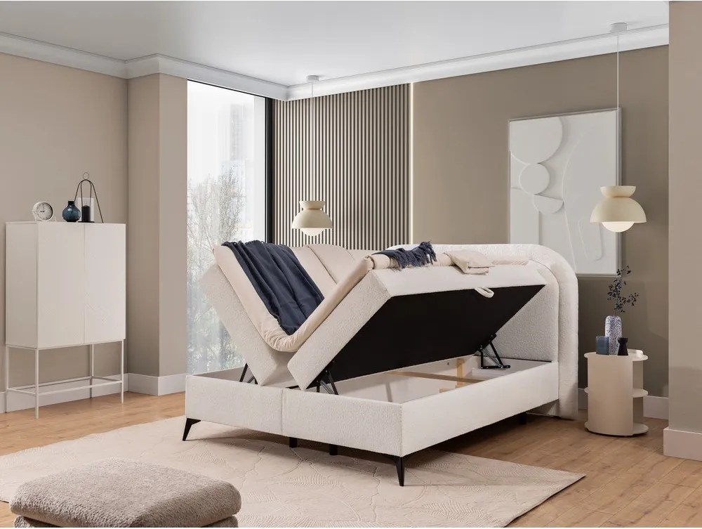 Pat boxspring alb cu spațiu de depozitare 200x200 cm Ornes – Ropez