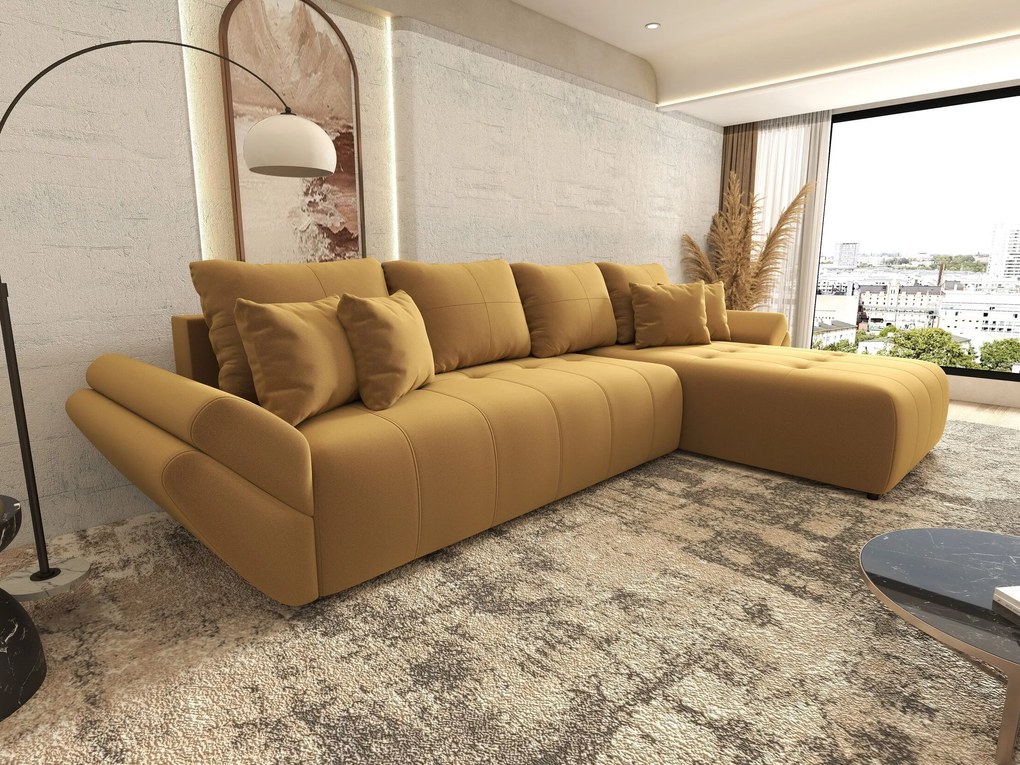 Colțar extensibil dumonde cu ladă de depozitare si sezut confortabil din spuma high-density, Berlin XL Royal Mustar 350x185 cm II
