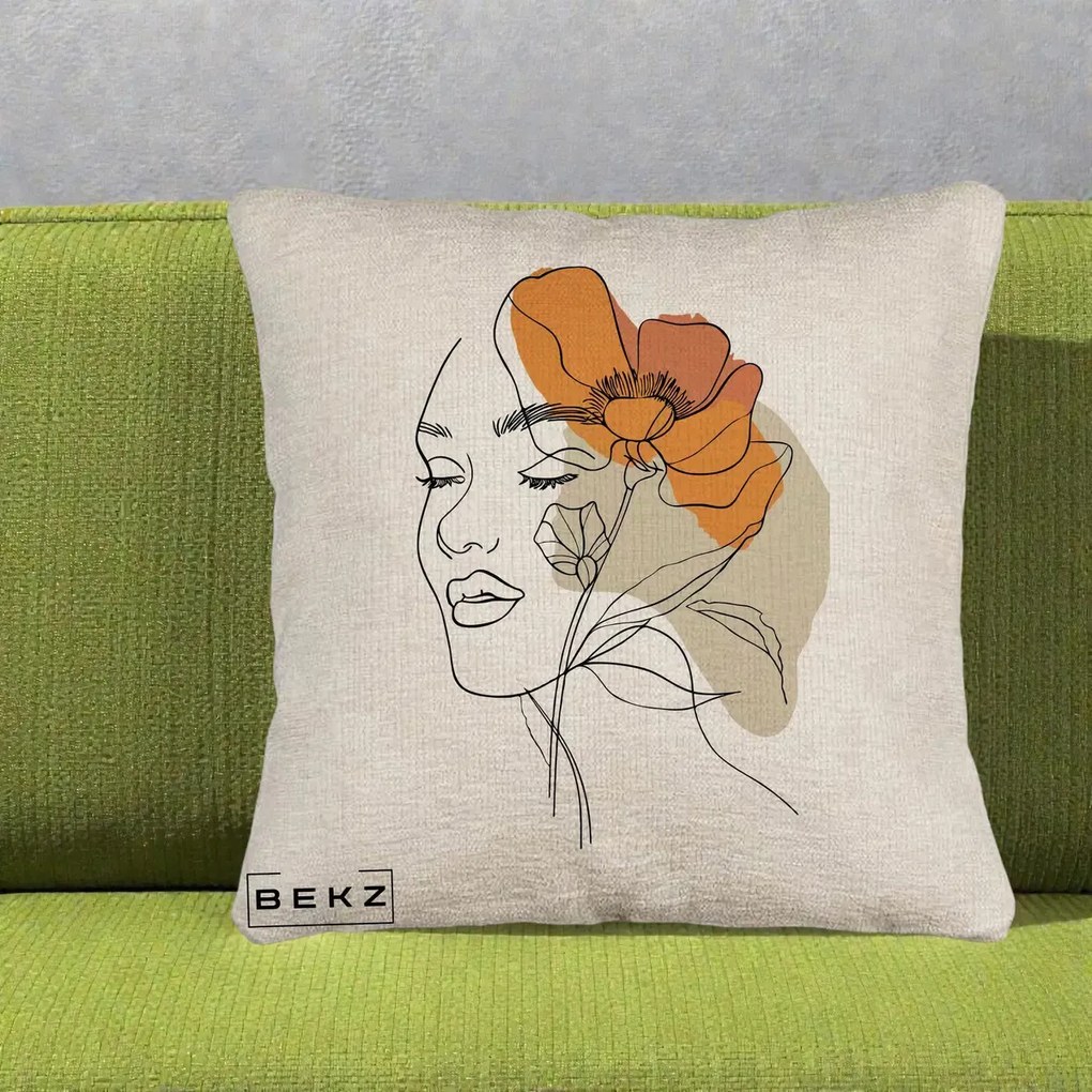 Perna Decorativa Portret Feminin Mac Mare Portocaliu, 40x40 cm, Bej Canapea, Husa Detasabila, Perna Inclusa, BEKZ®