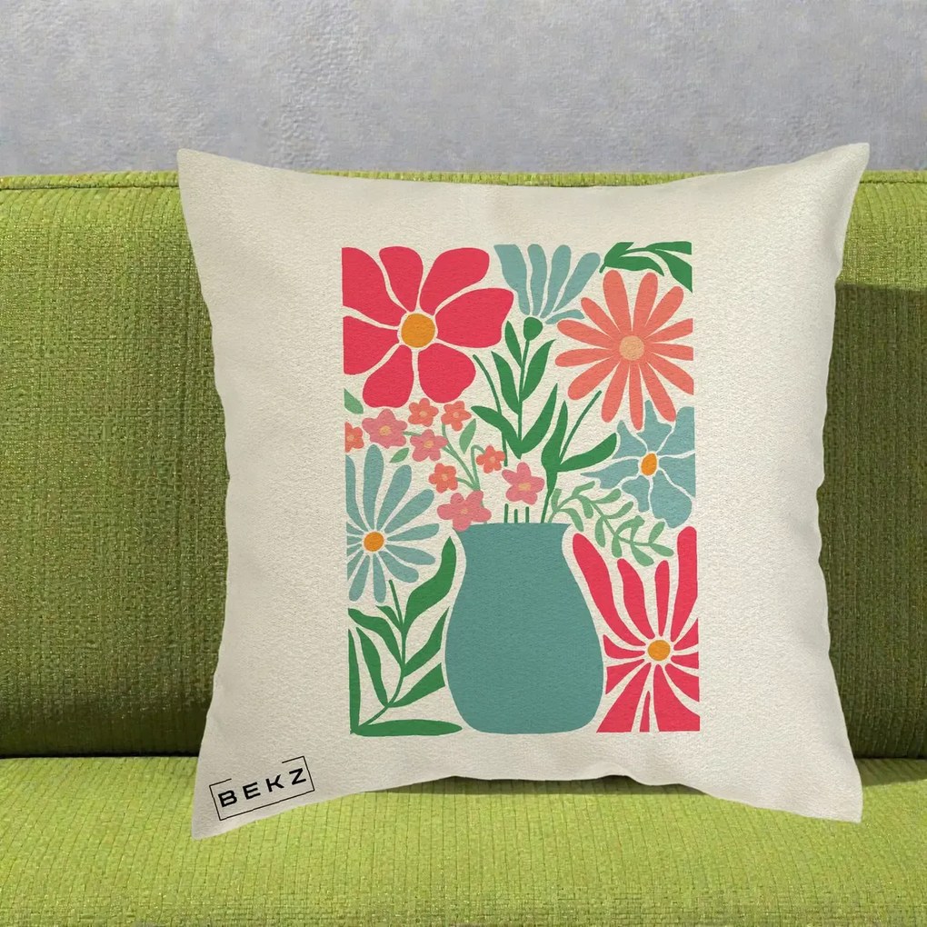 Perna Decorativa Flori in Vaza Turcoaz, 40x40 cm, Ecru, Husa Detasabila, Perna Inclusa, BEKZ®