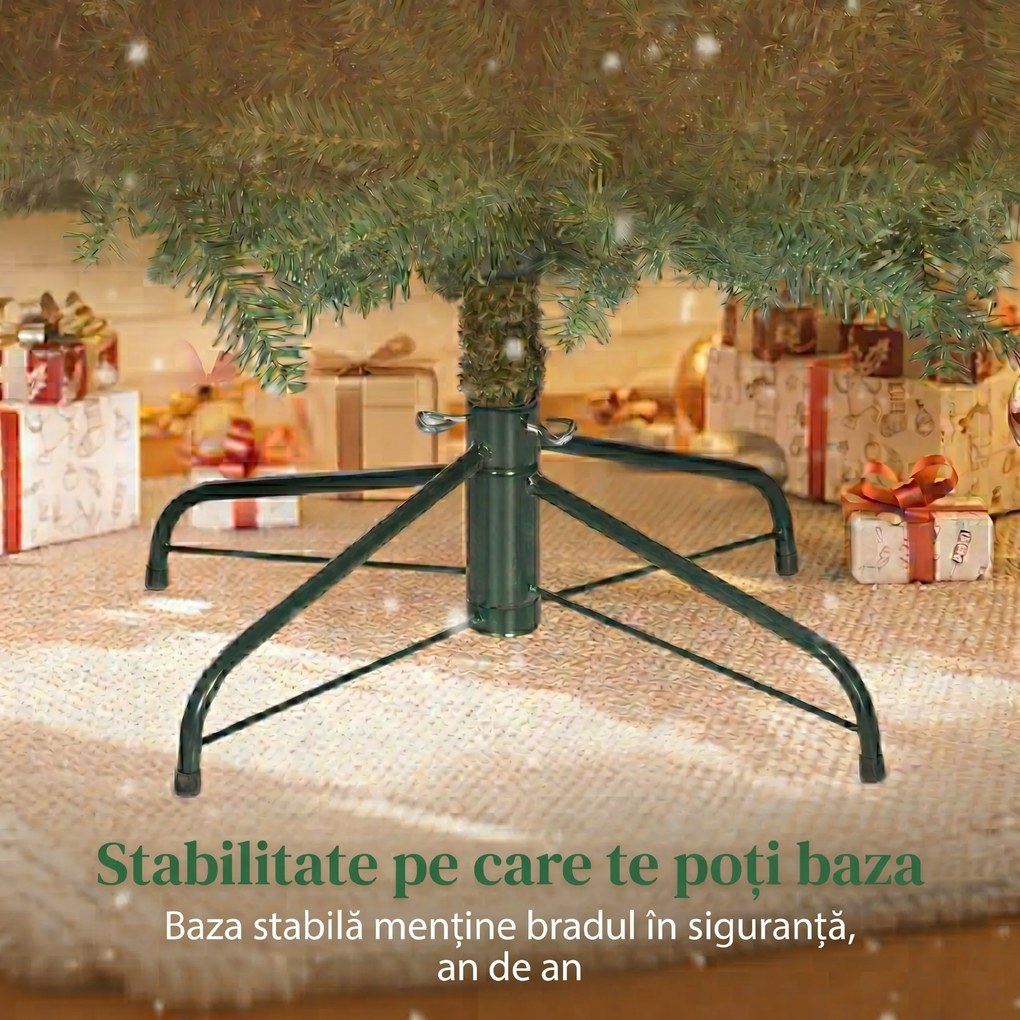 HOMCOM Brad Artificial de Crăciun de 180 cm, Brad de Crăciun Fals cu Ramuri Dense pe Balama, Bază Metalică Pliabilă, Structură pe Secțiuni Ușor de Asamblat, Verde | Aosom Romania